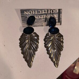 Feather Silver Earrings With Blue Diamonds